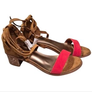 MUK LUKS Lace Up Block Heel Sandals Cognac Pink Strap Size 9 NWT
